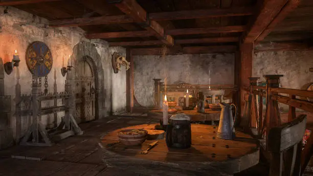 Upstairs dining room in a medieval inn with food and drink on the tables and shields decorating the walls. 3D illustration.