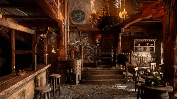 Photo of The bar of a medieval inn with stone floor, tables of food and drink and decorative shields on the wall. 3D rendering.