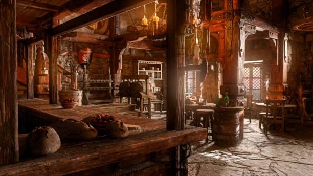 istock Bar area of an old medieval tavern lit by daylight through windows. 3D rendering. 1385446010