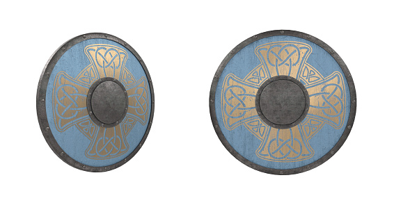 3D rendering of a medieval light blue Viking shield with gold painted design isolated on white background.