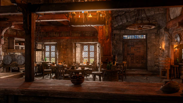istock Medieval tavern bar interior lit by candles and daylight through windows. 3D rendering.. 1385446173