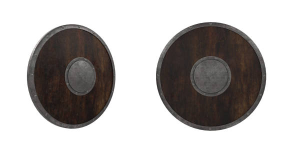 3D rendering of a plain wooden medieval Viking shield. 2 angles isolated on white background.