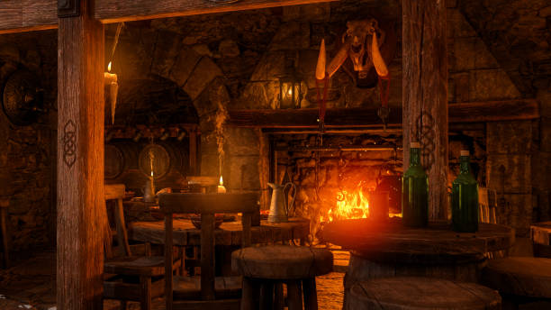 istock Inside a medieval tavern with round tables lit by candles and a burning open fireplace. 3D illustration. 1385446200