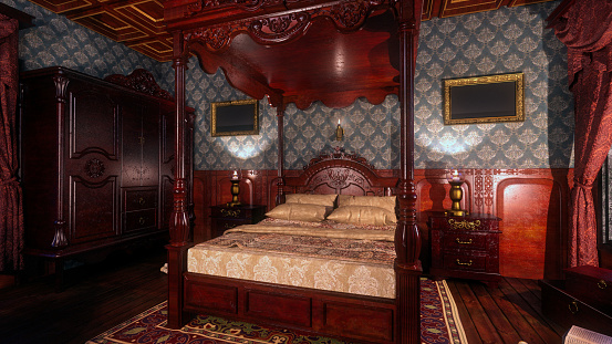 Victorian style vintage bedroom interior with four poster bed. 3d illustration.