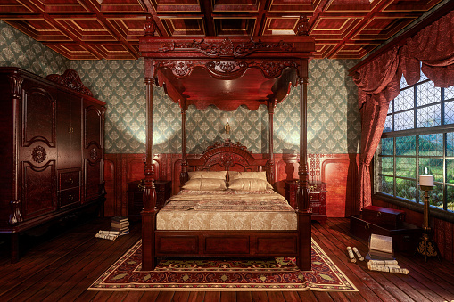 Vintage Victorian bedroom interior with four poster bed. 3d rendering.
