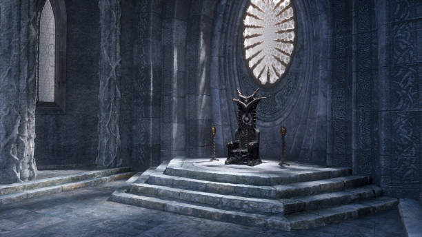 istock Medieval fantasy castle throne room with grey stone walls and oval window. 3D rendering. 1385446262