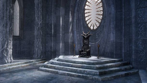 Medieval fantasy castle throne room with grey stone walls and oval window. 3D rendering. stock photo