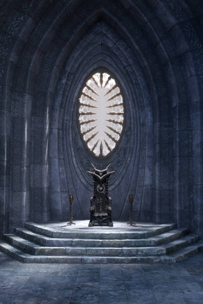 istock Portrait format 3D rendering of a fantasy medieval throne room with arched stone wall and large oval window. 1385446263