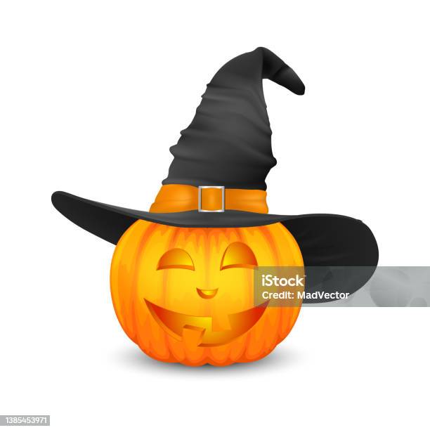 Vector Glossy Cartoon Halloween Pumkin Lantern Với Funny Face Và Witch Hat  Icon Closeup Isolated On