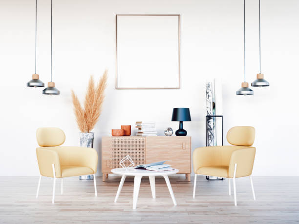 istock Interior of Living Room with chairs, and mock-up frames on the wall, realistic 3d rendering illustration 1385455079