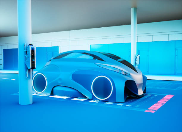 Futuristic Electric Car on Inductive Charging Station, realistic 3d rendering illustration, futuristic concept