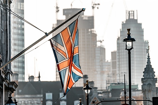 Union Jack flags hanging in the City of London