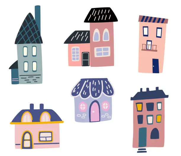 Vector illustration of Cute cartoon houses. Various little tiny houses. Small townhouses, minimalism of urban buildings, minimal suburban residential building vector illustrations set of icons.
