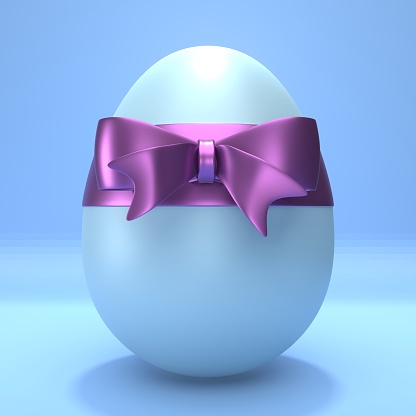 Isolated single realistic 3D oval shape egg standing in the middle of blue background. Easy to crop for all social media and print design sizes.