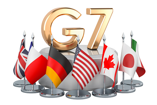 G7 meeting concept, flags of all members G7. 3D rendering isolated on white background