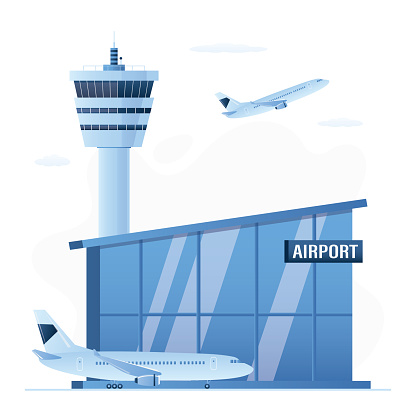 Modern airport, airplane takeoff. Terminal building and control tower. Aircraft on runway. Design in trendy blue colors. Flat vector illustration