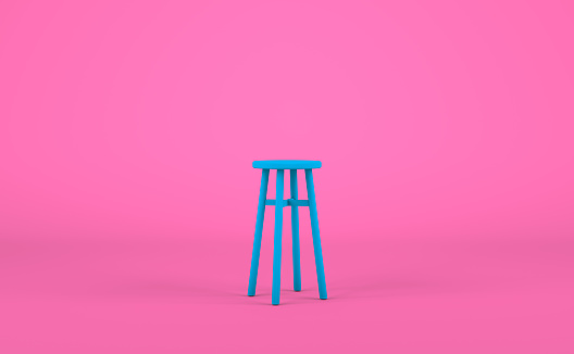 Close up blue bar stool mock up, 3d rendering, household objects minimal style, empty space for copy, pink color background.