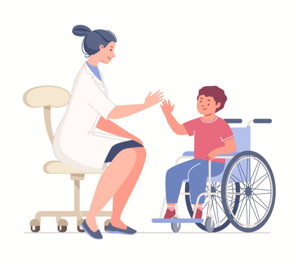 stockillustraties, clipart, cartoons en iconen met disabled child communicates cheerfully with doctor. - neurology child