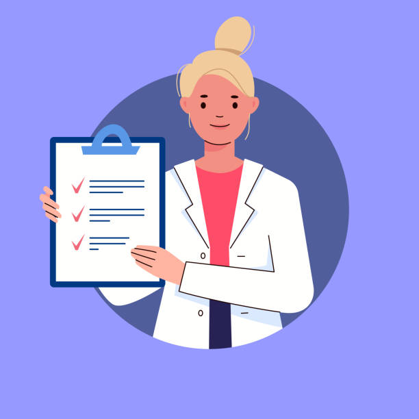 Portrait, Avatar of Doctor or Nurse. Portrait of female therapist with list of tips, recommendations marked with red checkmark. Doctor's advice. Consultation, medical information, appointment, instruction, prescription. Vector. pharmacist cartoon stock illustrations