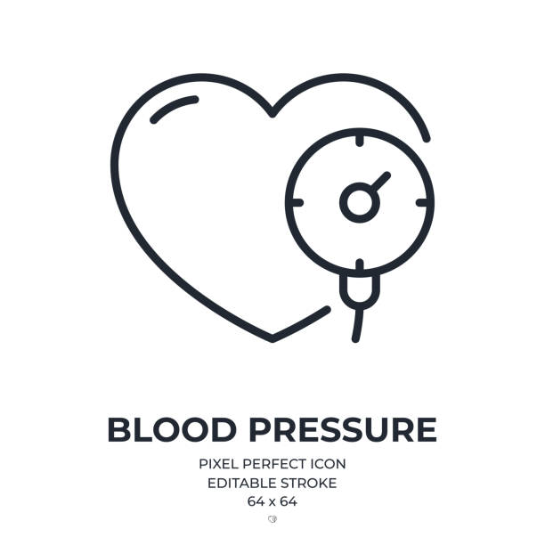 ilustrações, clipart, desenhos animados e ícones de ícone de contorno de traço editável da pressão arterial isolado na ilustração plana do vetor de fundo branco. pixel perfeito. 64 x 64. - blood pressure gauge