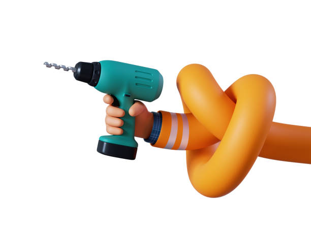 3d render, flexible knotted cartoon human hand holds green electric drill. Professional builder with equipment. Construction tool. Renovation service clip art isolated on white background