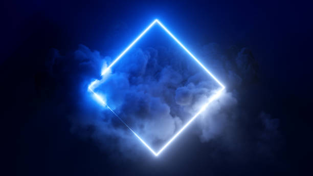 istock 3d rendering, abstract futuristic background with neon geometric shape and stormy cloud on night sky. Rhombus frame with copy space 1385476163