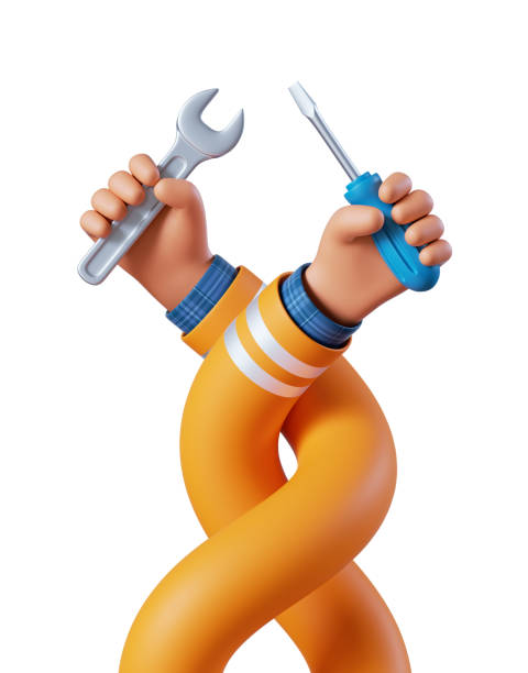 3d render, cartoon tangled flexible human hands hold screwdriver and spanner wrench. Professional electrician or plumber with building tools. Construction worker clip art isolated on white background