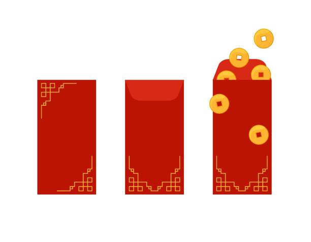 Hongbao red envelopes set. Vector collection of Chinese festive gifts isolated. Traditional envelope with coins, money for Chinese New Year, birthday, wedding and other holidays. Flat illustration Hongbao red envelopes set. Vector collection of Chinese festive gifts isolated. Traditional envelope with coins, money for Chinese New Year, birthday, wedding and other holidays. Flat illustration. wish yuan stock illustrations