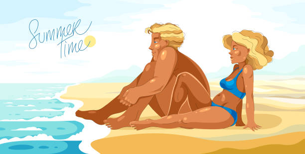 ilustraciones, imágenes clip art, dibujos animados e iconos de stock de bonita pareja joven en la playa de la orilla del mar tranquilo relajante y descansar mirando al mar, hombre y mujer atractivo en la naturaleza. - honeymoon beach couple heterosexual couple