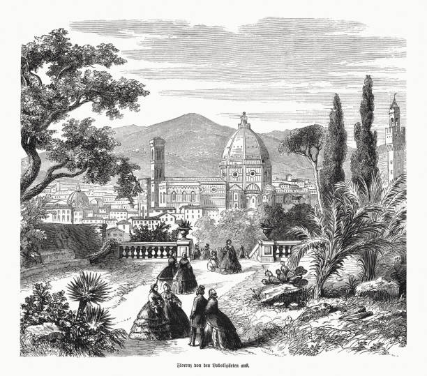 ilustraciones, imágenes clip art, dibujos animados e iconos de stock de jardines de boboli en florencia, italia, grabado en madera, publicado en 1870 - oltrarno