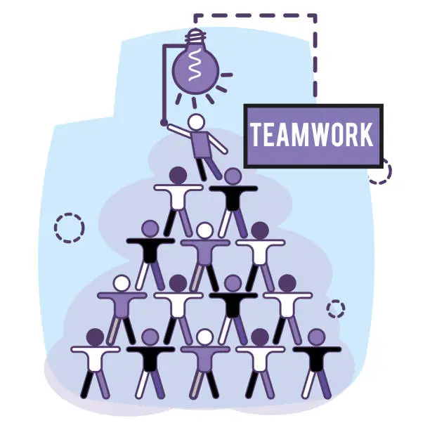 Vector illustration of Group of people working together to reach lightbulb Teamwork concept Vector