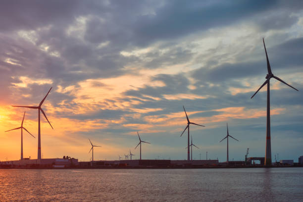 istock Wind turbines in Antwerp port on sunset. 1385480793