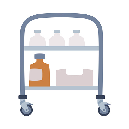 Wheeled Trolley with Drugs and Medication as Medical Equipment and Assistance Device Vector Illustration. Hospital and Clinic Supply with Medicine Bottles on Shelf Concept