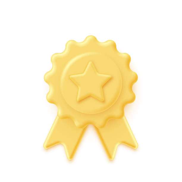 istock Yellow 3d stamp with ribbons and star isolated on white background. Luxury golden seal. Vector design element. 1385482966