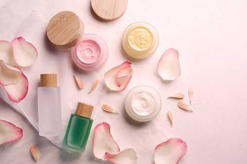 Eco friendly homemade cosmetics with rose petals. Zero waste packaging.