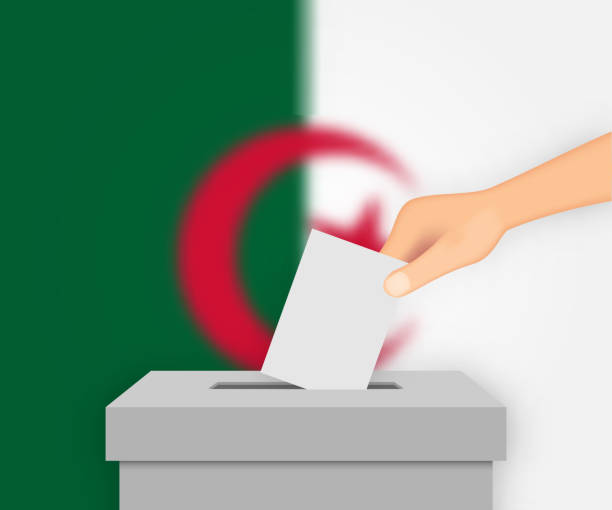 istock Algeria election banner background. Ballot Box with blurred flag Template for your design 1385486916