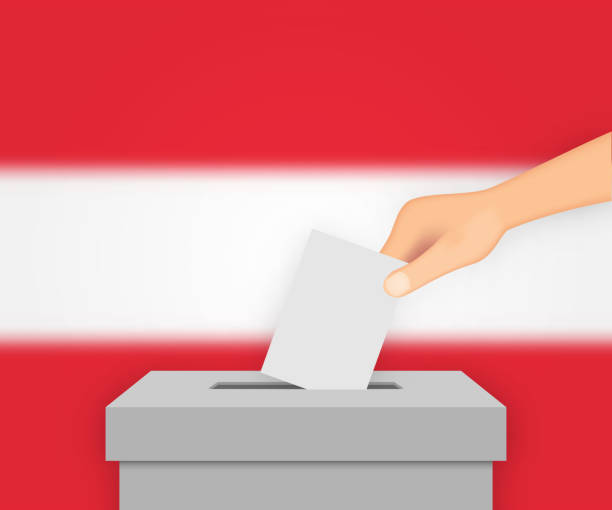 istock Austria election banner background. Ballot Box with blurred flag Template for your design 1385486922