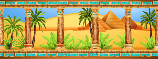Egypt desert landscape, palm tree vector pyramid palace background, Egyptian ancient stone column. Sand dune hills, panoramic Arabic view, old civilization temple, oasis green plants. Egypt landscape egyptian palace stock illustrations
