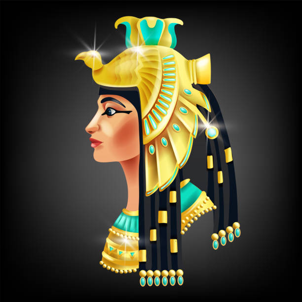 ilustraciones, imágenes clip art, dibujos animados e iconos de stock de cara de cleopatra, reina faraón egipcia, retrato de diosa antigua, cabello negro de mujer egipcia, corona de oro. - diosa de la justicia y de la verdad