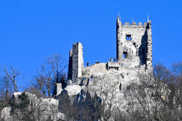 Koenigswinter, Germany - March 3, 2022 -  Drachenfels ruin near Koenigswinter. Built in 1138 and destroyed in 1634. Only this tower is left today.