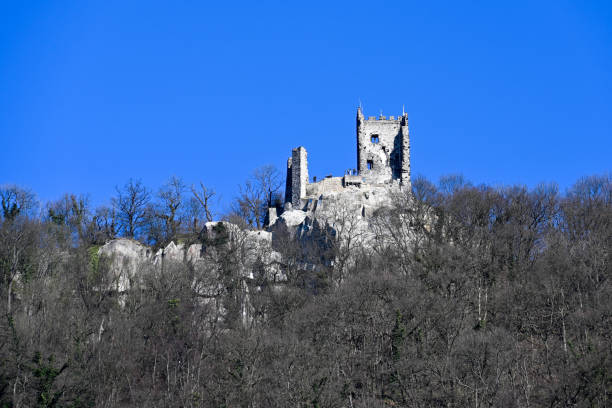 Koenigswinter, Germany - March 3, 2022 -  Drachenfels ruin near Koenigswinter. Built in 1138 and destroyed in 1634. Only this tower is left today.