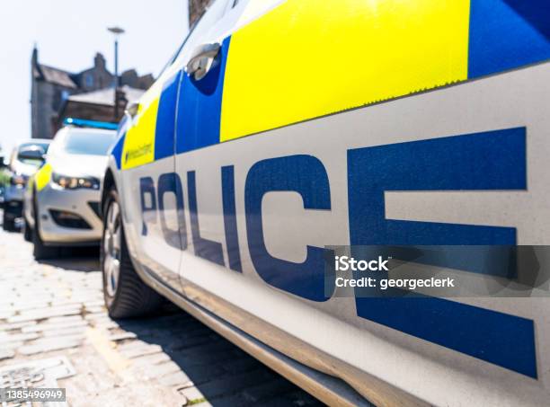 Police Cars On The Street Stock Photo - Download Image Now - Police Force, UK, Police Car
