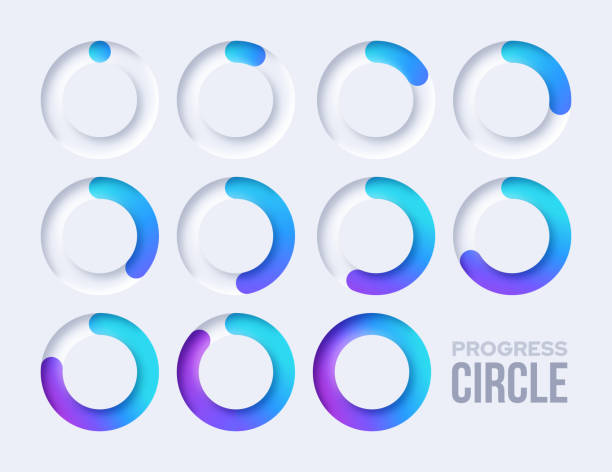 Progress Percentage Circle Neumorphic Design Elements Progress spin circle shape modern neumorphic design element percentage movement shapes. circle infographic stock illustrations