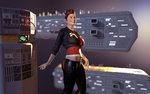3D illustration of a young woman connected to a machine