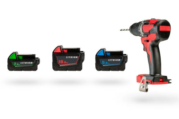 istock Batteries for cordless tools, a large set of tools from different angles. Batteries for a screwdriver of different capacities and different sizes, isolated on a white background. Electric drill with 1385500941