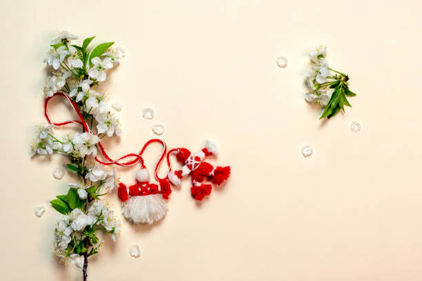 Martisor and cherry blossoms.Symbol of Spring.March 1 Tradition.Copy space.