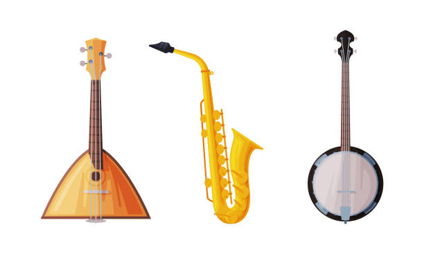 illustrations, cliparts, dessins animés et icônes de balalaika et saxophone comme ensemble vectoriel d’instrument de musique à cordes et à vent - musical instrument string illustrations