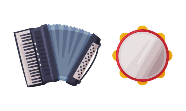 аккордеоны и бубен как векторный набор музыкальных инструментов - tambourine stock illustrations
