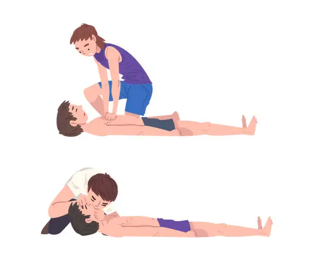 Vector illustration of Emergency First Aid Procedure with Man Helping Victim Vector Set