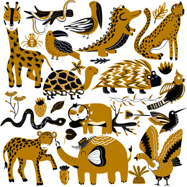 istock Collection of jungle animals.Turtle, leopard, giraffe, parrots, hummingbird, crocodile, hyena, sloth, elephant, snake. Cute animals. Vector illustration. 1385504588